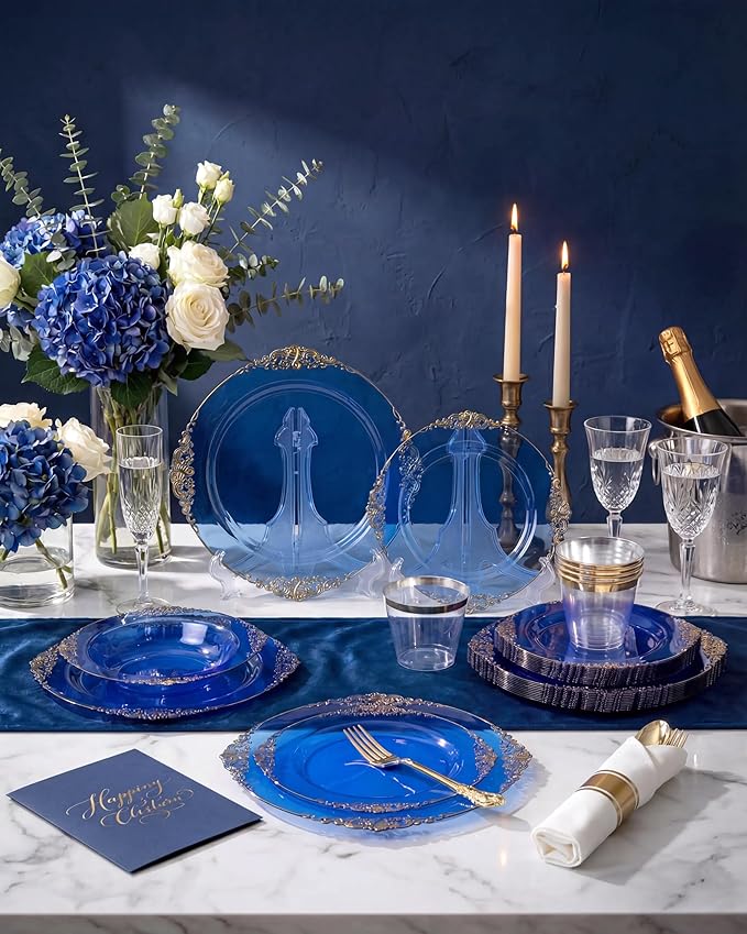 Nervure 350PCS CLear Blue Plastic Plates - Blue Gold Plastic Dinnerware Sets for 50 Guests - 100 Disposable Plates, 150 Silverware, 50 Cups, 50 Napkins for Wedding & Party
