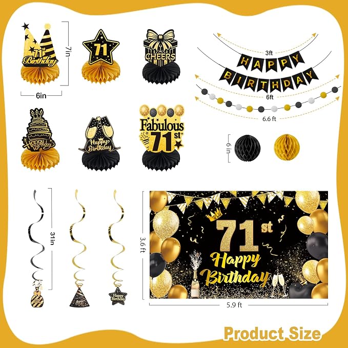 Happy 71st Birthday Party Decoration: Including Birthday Banner Backdrop, Party Table Centerpieces and Hanging Swirl Party Streamers, Birthday Decor for Men and Women (Gold/Black, 71st Birthday)