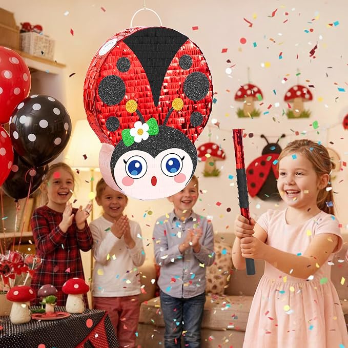 WERNNSAI Ladybug Piñata – Red Ladybug Party Piñata for Kids Birthday Games Garden Theme Parties Insect Theme Classroom Activities baby shower supplies with Blindfold and Stick