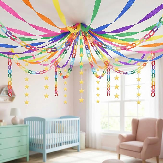700 Sheet Paper Chain Strips and Star Garland Set, Rainbow Paper Chains and 52 ft Gold Stars Decor with 492 ft Crepe Paper Streamers for DIY Crafts Pride Month Birthday Wedding Theme Party