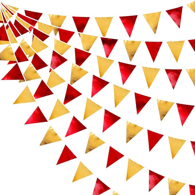 Red Gold Party Decorations Metallic Fabric Triangle Pennant Banner Flag Bunting Garland for Graduation Birthday Wedding Bachelorette Anniversary Baby Shower Christmas Holiday New Year Party Supplies