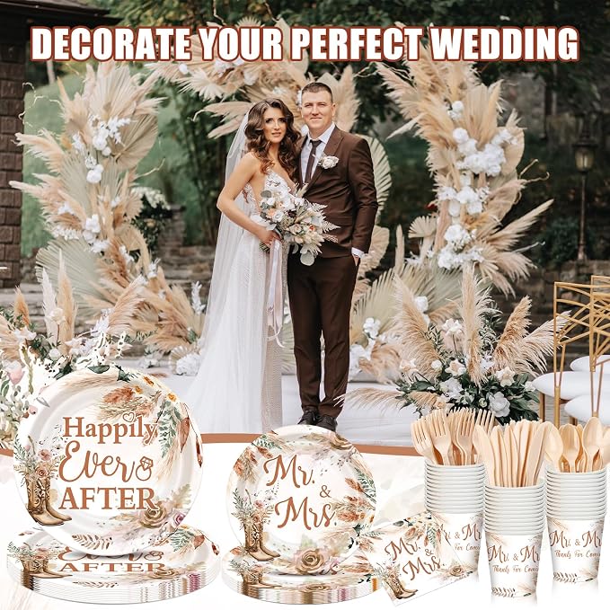 168 Pcs Boho Cowgirl Bridal Shower Party Supplies Happily Ever After Decorations Wedding Plates and Napkins Western Engagement Tableware Set Mr and Mrs Disposable Paper Plate Cups Serves 24