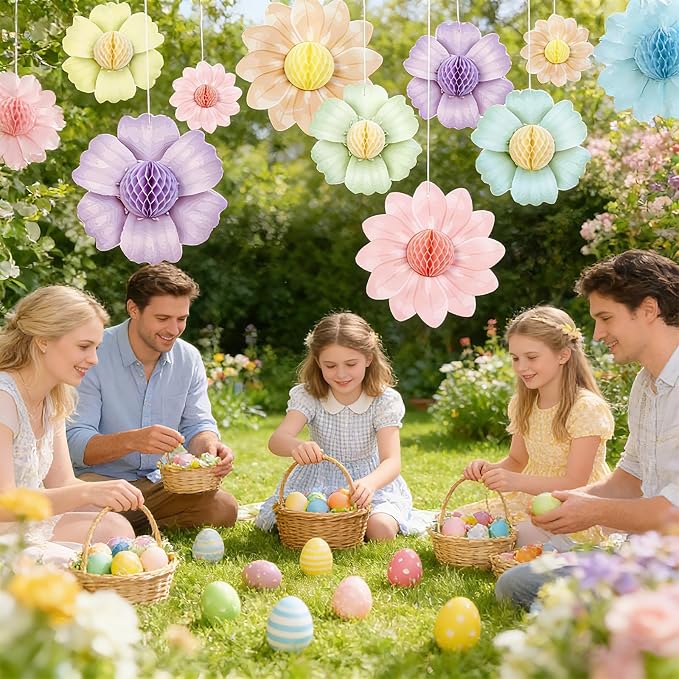 SUNBEAUTY 9 PCS Pastel Flower Party Decorations Flowers Honeycomb Fairy Birthday Party Decorations Pastel Hanging Flower Decorations for Women Birthday Spring Easter Garden Tea Party Baby Shower