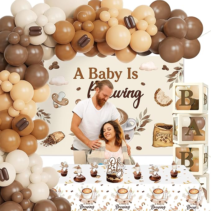 A Baby Is Brewing Baby Shower Decorations - Coffee Theme Party Supplies Include Balloon Garland Arch, Backdrop, Tablecloth, 4 Boxes, Cake Toppers - Neutral Brown Latte Decor