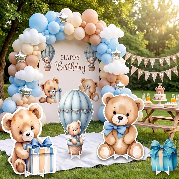 Honoson 4 Pcs Large 24" x 32" Teddy Bear Baby Shower Decorations Cardboard Cutouts, Bear Themed Party Yard Signs Blue for We Can Bearly Wait Birthday Gender Reveal Party Supplies Lawn Decor