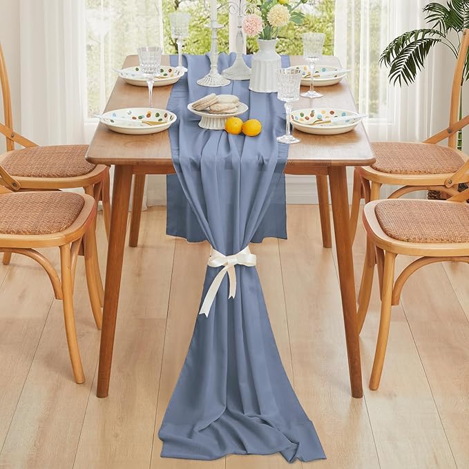 Horbaunal 2 Pack Dusty Blue Chiffon Table Runners 10FT Sheer Chiffon Runner 29x120 Inches Romantic Boho Rustic Table Runner for Wedding Party Bridal Baby Shower Table Decorations