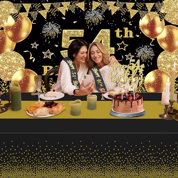 54th Birthday Decorations Men Women with 54th Birthday Banner, Black and Gold Table Cloth, Number Balloons, Large Sash, Cake Topper and Candles
