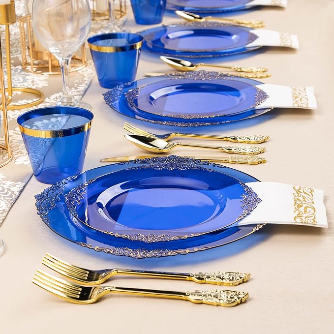 Bestluck 350PCS Clear Blue Plastic Plates for 50 Guests, Disposable Plates with Gold Trim include 50 Dinner and Dessert Plates, 150 Gold Silverware, 50 Cups, 50 Napkins for Party, Wedding & Graduation