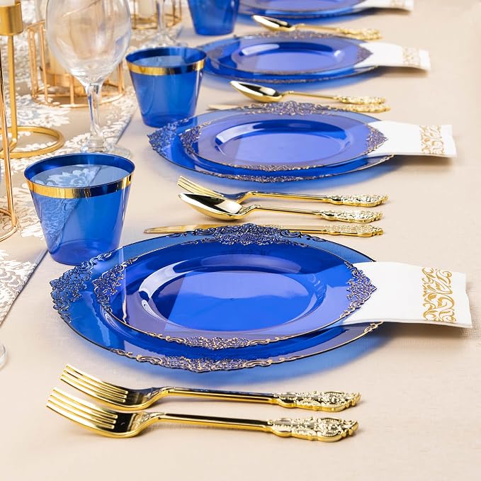 Bestluck 175PCS Clear Blue Plastic Plates for 25 Guests, Disposable Plates with Gold Trim include 25 Dinner and Dessert Plates, 75 Gold Silverware, 25 Cups, 25 Napkins for Party, Wedding & Graduation