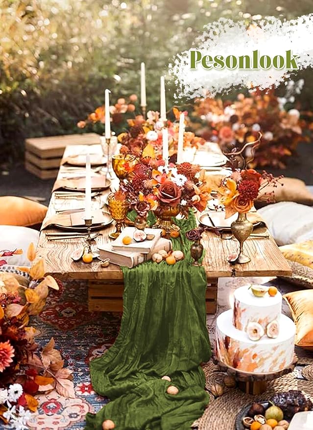 12 Pack Olive Green Cheesecloth Table Runner, 10FT Cheesecloth Rustic Boho Table Runner Long Romantic Semi Sheer Table Runner for Wedding Baby Shower Birthday Bridal Party Decorations(21.5×120 Inch)