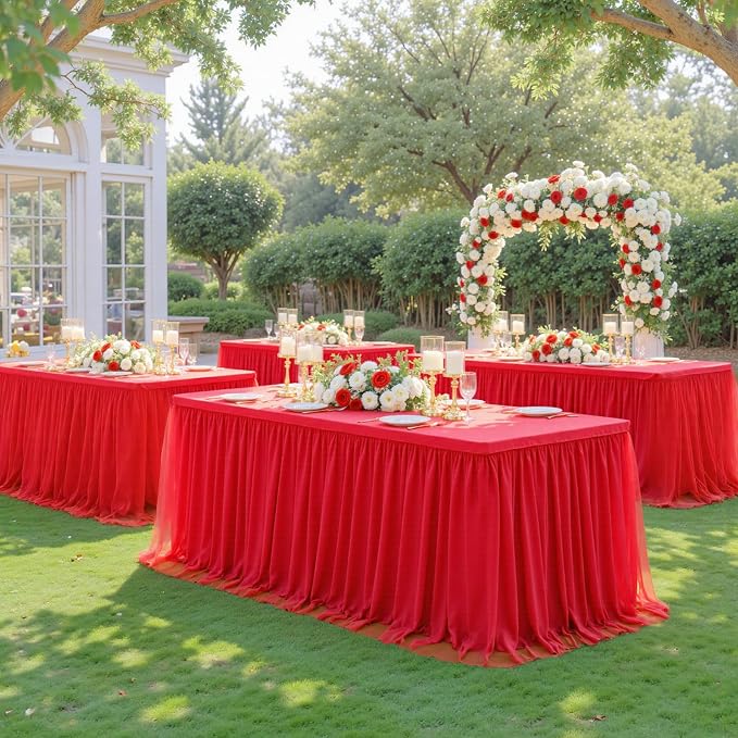 Suppromo 2 Pack 6ft Red Tulle Tablecloths for Rectangle Tables 6 Foot Red Rectangular Table Cloth Wrinkle Free Tablecover with Tutu Skirt for Baby Shower Wedding Birthday Party Banquet Buffet Cake