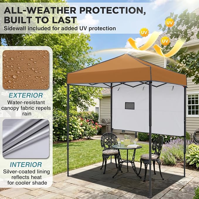 EAGLE PEAK 6x4 Instant Pop Up Canopy Tent with 1 Half Wall Panel, Straight Leg Sun Shelter, Portable Canopy with Carry Bag for Camping, Beach & Sports, Khaki