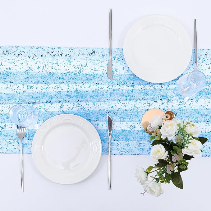 BINBE 1PCS Blue Table Runner 10Ft Sheer Chiffon Fabric Cheesecloth Sequin Glitter Table Runner for Wedding Birthday Party Decor