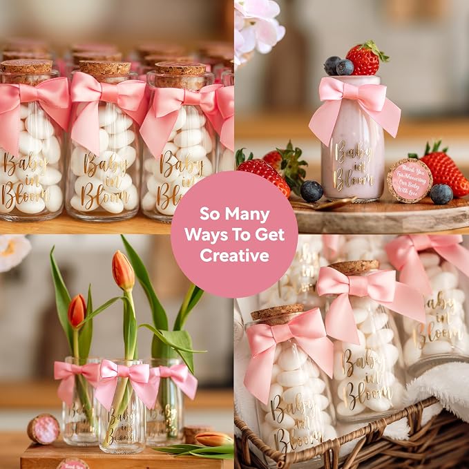 Ethisa Vintage 24 Pack Baby in Bloom Milk Glass Bottles with Ribbons and Stickers - Classy Baby Shower Favors for Guests and Table Centerpieces - Dusty Pink Floral Decorations and Candy Jar Keepsakes