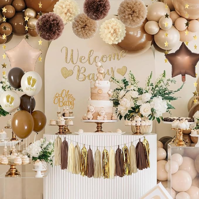 Baby Shower Decorations Neutral, Brown Nude Balloons Welcome Baby Banner, Cake Topper, Paper Pom Poms Tassels, Sash for Baby Shower Party Supplies