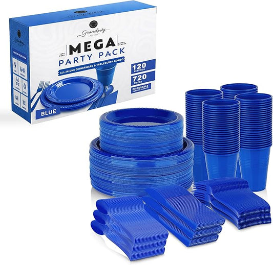 720 Piece Blue Disposable Dinnerware Set (120 Guests) Plastic Dinnerware Set Disposable - 120 Count, 9" Dinner Plates, 7" Dessert Plates, 12oz Cups, Forks, Knives & Spoons- Plastic Party Plates Set