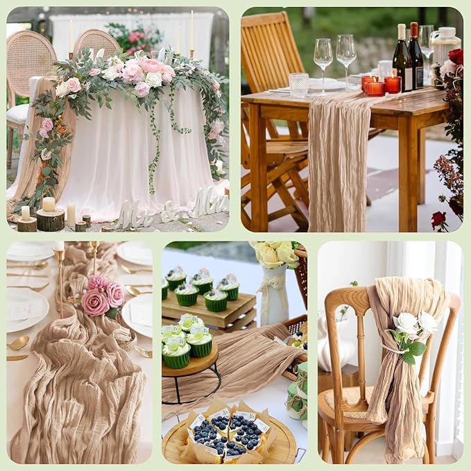 Table Runner Cheesecloth 10FT Nude Boho Gauze Cheese Cloth Rustic Sheer Table Runners for Wedding Bridal Baby Shower Party Decoration