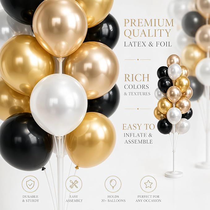 Balloon Column Kit Set of 2 With Balloons Included - with Base, and Pole,Balloon Tower Backdrop Decoration for Wedding, Baby Shower, Birthday Party, or Bachelorette Parties (Black Champagne Gold)