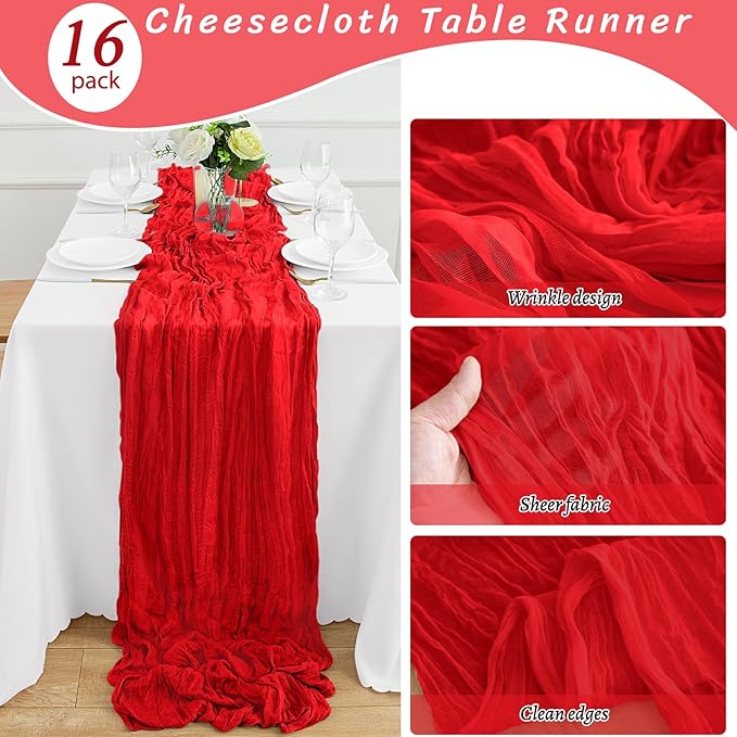 16Pack Red Table Runner 10FT Red Cheesecloth Table Runner 35x120Inch Long Boho Cheese Cloth Table Runners Rustic Gauze Table Runners for Party Wedding Bridal Baby Shower Table Decor