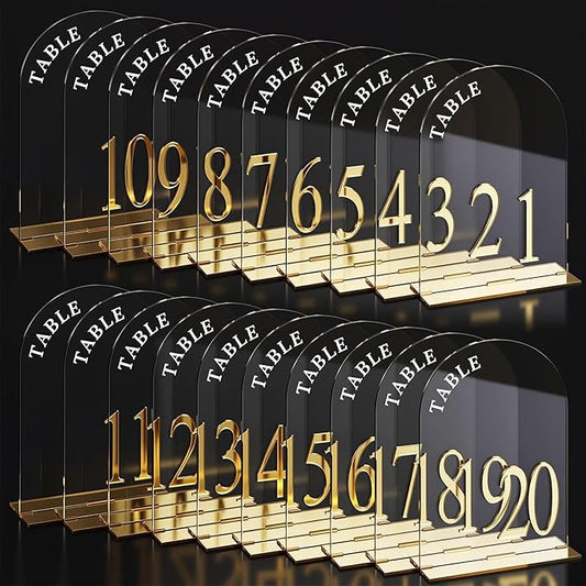 AceOrbit Clear Wedding Table Numbers 1-20 with Stands 5" x 7" Clear Acrylic Wedding Signs with Holder Modern Arch Numbered Signage Tabletop Reception Sign for Anniversary, Banquet, Event Decor