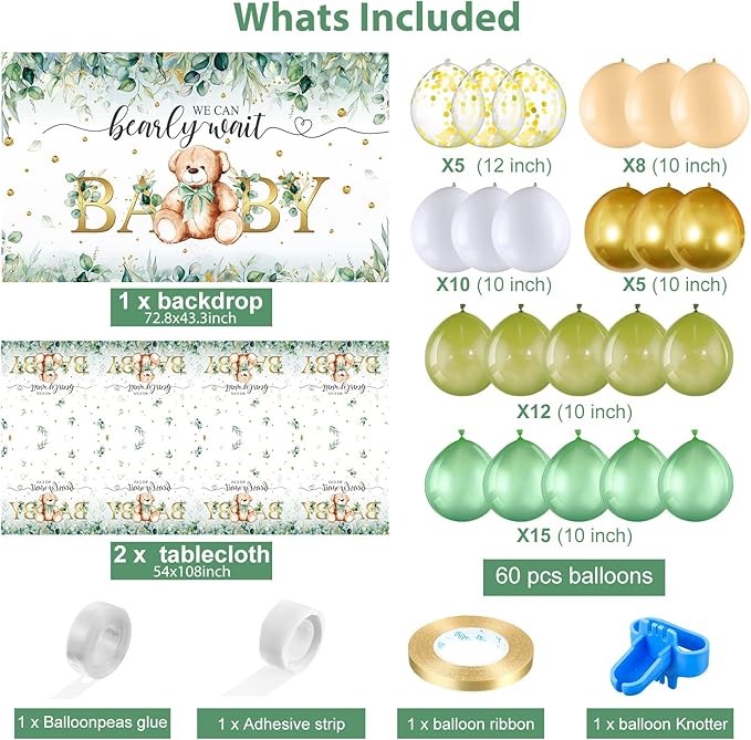 Breling 61 Pcs Bear Baby Shower Decorations Sage Green Bear Baby Party Decor Kit We Bearly Wait Backdrop Tablecloth Balloons Arch Bears Theme Party Supplies for Kids Birthday Shower