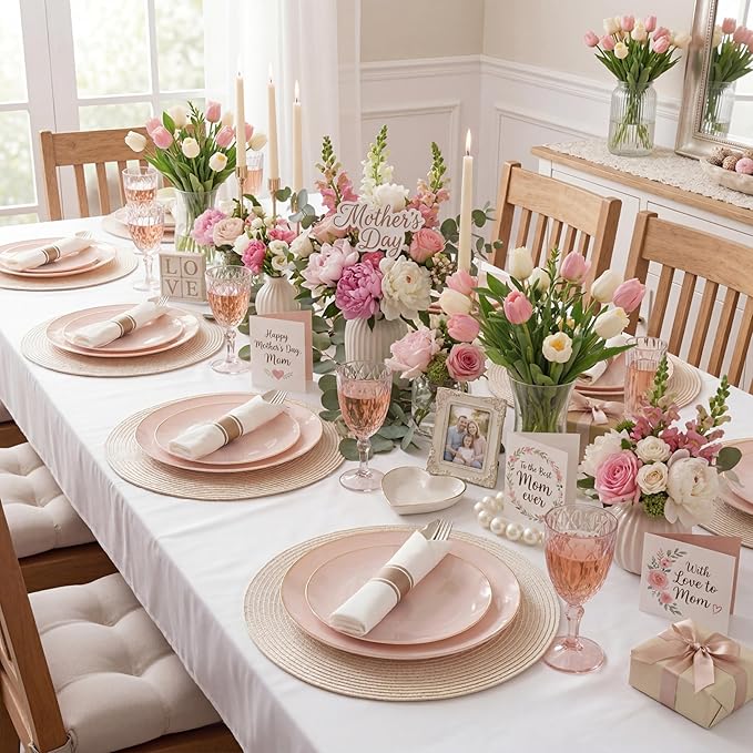 KIRE 350 PCS Pink Plastic Plates - Pink and Gold Disposable Dinnerware 50 Guest Include 50 Dinner Plate - 50Dessert Plate - 50Pre Rolled Napkins with Silverware for Mother's Day/Wedding/Baby Shower