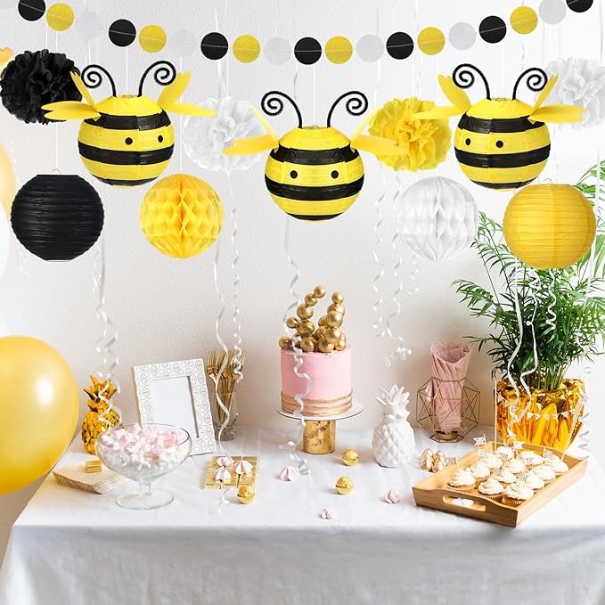 25 Pcs Honey Bee Party Decorations Include 6 Paper Fans Lantern 6 Tissue Honeycomb Ball 6 Paper Pom Poms 6 Bee Hanging Decor Circle Dot Garland for Baby Shower Birthday, Black Yellow White