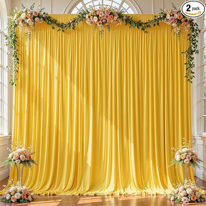 2 Panels Yellow Backdrop Curtains - Wrinkle Free Fabric Backdrop Curtain for Photoshoot, 10FT Wedding Party Photo Backdrop Drapes for Birthday Baby Shower Photography Stage Background Decorations