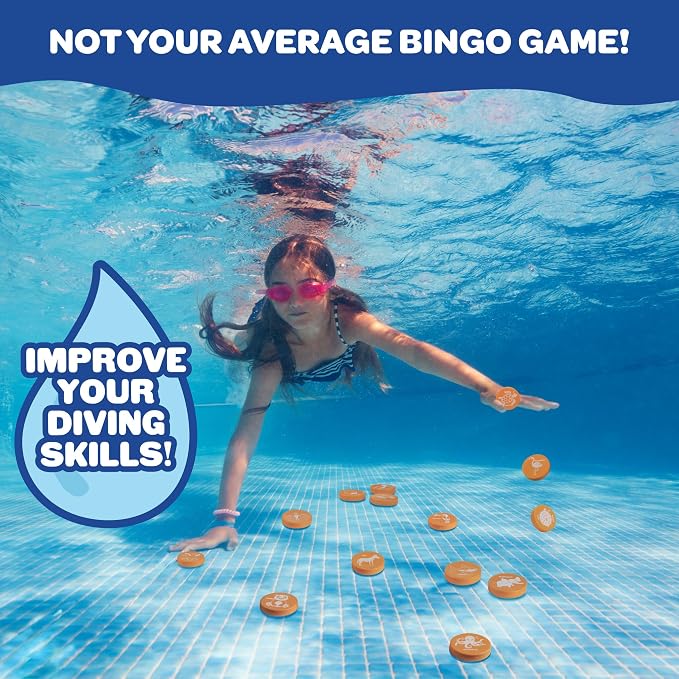 Pool Bingo Diving Game for Kids- Summer Party Fun Edition Toy- Dive & Call 30 Sinking Animal Themed "Numbers", Fill Your Card- 150 Marker Chips & 16 Double Sided Waterproof Play Cards & Carrying Bag