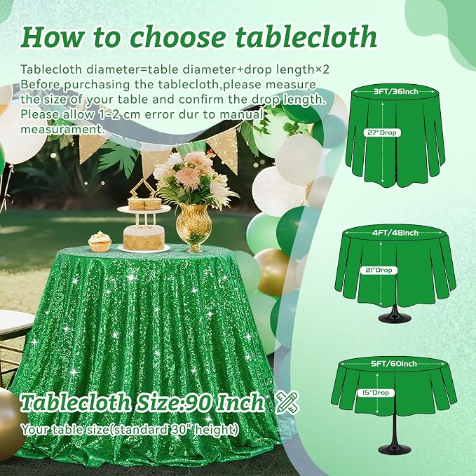 B-COOL Round Tablecloth Sequin Draping Decorations: 90 Inch Tablecloths Sequin Overlay Green Shimmer Fabric for Birthday Dinner Parties Christmas
