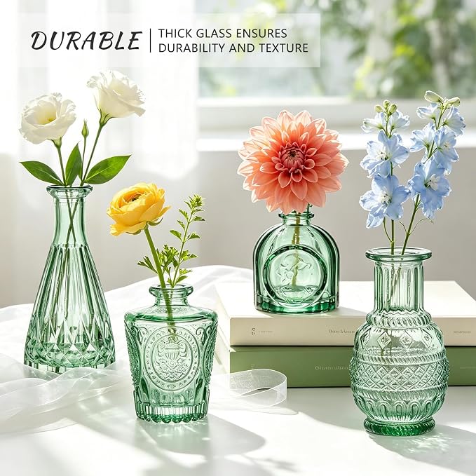 SUPMIND Glass Bud Vase Set, 6pcs Small Green Flower Vases for Table Centerpieces in Bulk, Mini Vintage Vase for Wedding, Home, Table Decoration