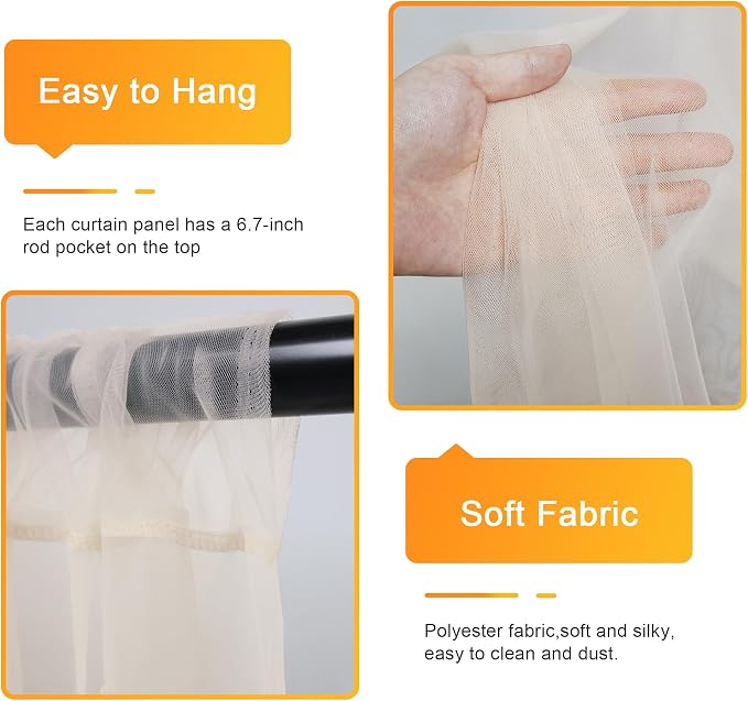 Fomcet Tulle Backdrop Curtains Champagne 30FT X 8FT Tulle Curtains with Lights String Sheer Backdrop Curtain for Parties Wedding Baby Shower Photo Shoot Decorations (6 Panels 5x8FT)
