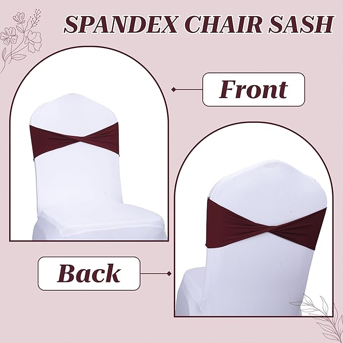 MDS Pack of 25 Spandex Chair Sashes Bows Elastic Stretch Dining Chair Bands Ties Without Slider Buckle Universal fits for Wedding Baby Shower Birthday Party Banquet Event Decoration - Burgundy