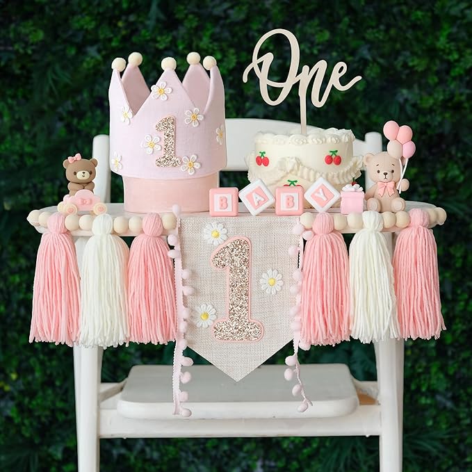 Daisy 1st Highchair Wood Bead Tassel Garland Crown Hat Wooden Cake Topper Birthday Decorations