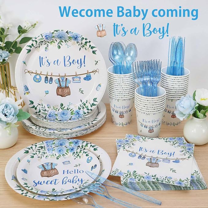 Boy Baby Shower Decorations Plates Set 25 Guests,175 Pcs Blue It's a Boy Baby Shower Decorations Paper Plates Napkins Cups Cutlery Sets