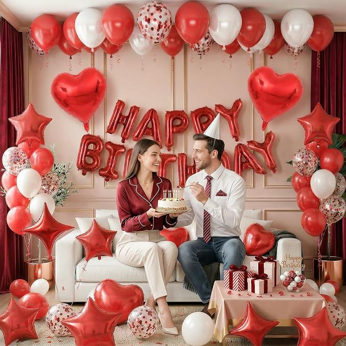Red White Birthday Decorations for Women Girls Dark Red Metallic Pearl Whte Confetti Party Balloon Happy Birthday Banner Heart Foil Balloons 18/10 Inch Star Balloons for Bday Party Supplies