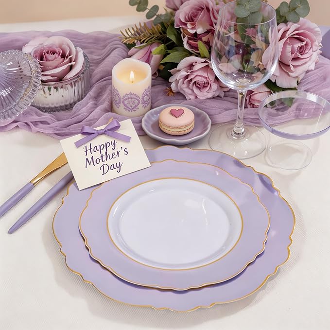 WDF 60pcs Purple Plates Disposable with Gold Rim - Baroque Light Purple Plastic Plates - Lavender Plates for Spring/Wedding/Birthday/Mother's Day