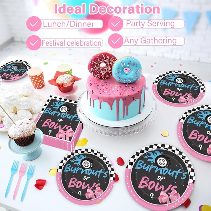 50 Guests Burnouts or Bows Gender Reveal Plates and Napkins Party Supplies Boys or Girls Baby Shower Party Decorations Disposable Tableware Set Gender Reveal Dinnerware Favor for Baby ,200PCS