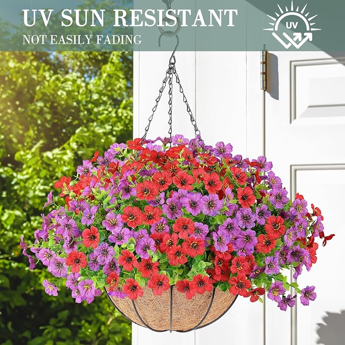 AGIRL Artificial Hanging Flowers with Baskets for Outdoors,UV Resistant Fake Hanging Plants for Outdoor Porch Patio Garden, Realistic Silk Flowers for Spring Summer Home Decor(Red Purple)