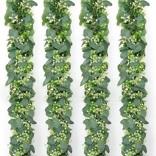 SOMYTING Eucalyptus Garland, 4 Packs 5.9FT Greenery Garland with Gypsophila Flowers Artificial Faux Silver Dollar Eucalyptus Leaves Fake Vines for Indoor Outdoor Table Mantle Home Wedding Decor (4PCS)