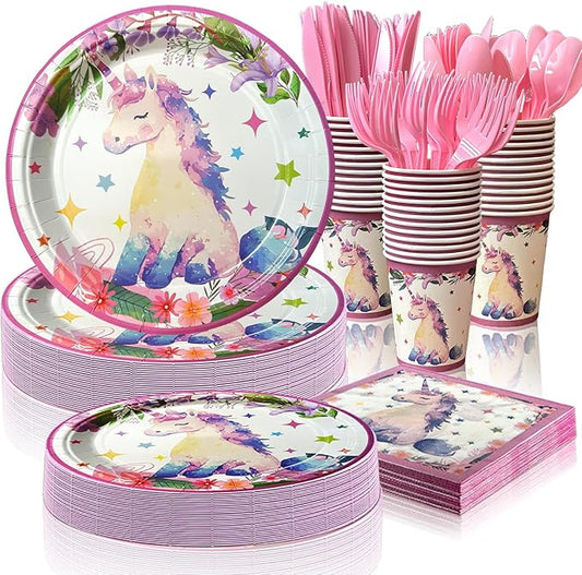 LFSTGN 175 PCS Unicorn Birthday Plates and Napkins Sets Includes Disposable Plates Dessert Plates Napkins Cups Plastic Knives Forks Spoons Disposable Dinnerware Set For Unicorn Party (25 Guest)