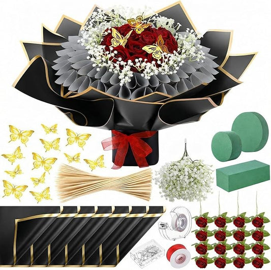 Marspark Graduation Money Bouquet Flower Kit Gift Included 20 Sheet Flower Wrapping Paper 36 Fake Flowers 100 Bamboo Skewer Floral Foam Block for Mother's Day Anniversary Wedding(Claret,Classic)