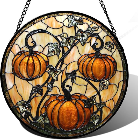 DASTOLL Stained Glass Window Hanging - Halloween Decoration Orange Pumpkin Vine Leaves Suncatcher for Door Garden Spooky Sun Catchers Gothic Decor Horror Gifts for Women Men Friend Boy Girl 15 in