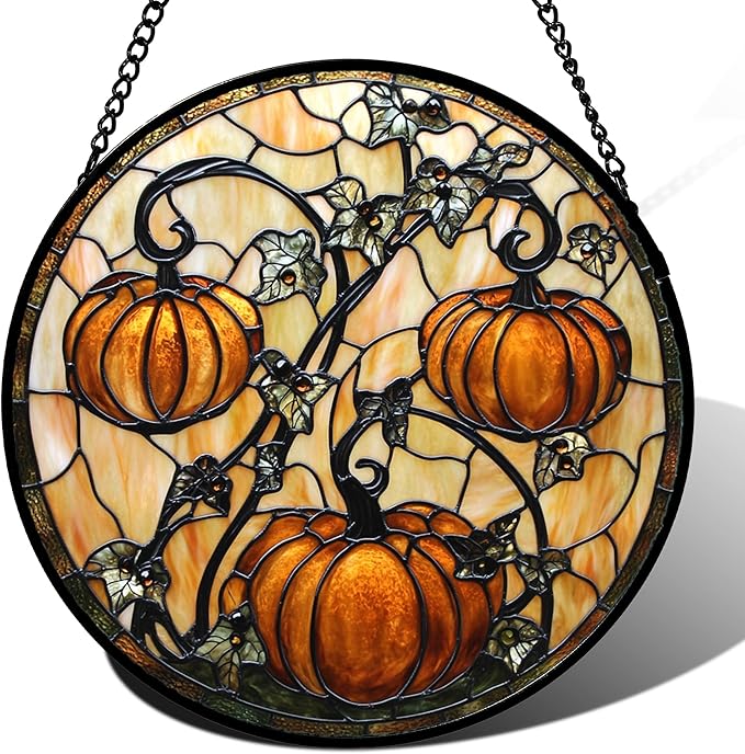 DASTOLL Stained Glass Window Hanging - Halloween Decoration Orange Pumpkin Vine Leaves Suncatcher for Door Garden Spooky Sun Catchers Gothic Decor Horror Gifts for Women Men Friend Boy Girl 9.8 in