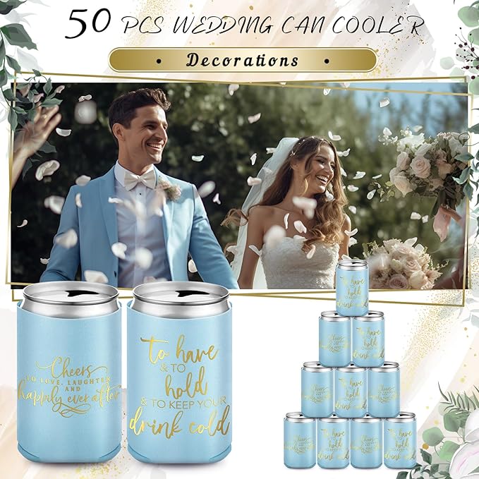Qinyoung 50 Pieces Light Blue Wedding Can Cooler Sleeves Bulk Engagement Party Favors for Guests Cheers to Love Laughter and Happily Ever After Rehearsal Dinner Decorations for Wedding Bridal