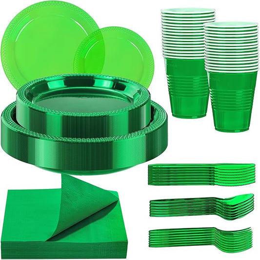 WELLIFE 210Pcs Green Plastic Plates,Clear and Green Plates Set,Party Supplies Including Plastic plates, 12OZ Cups, Disposable Cutlery and Paper Napkins Serve 30 Guests