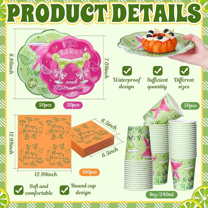 Newtay 250 Pcs Margs and Matrimony Bachelorette Party Decorations Margarita Disposable Plates and Napkins Margarita Tableware Dinnerware for 50 Guests Paper Plates for Wedding Bridal Shower Supplies