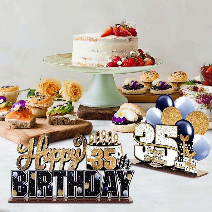 LINGTEER Happy 35th Birthday Gold Acrylic Table Topper Centerpieces Set - Cheers to 35 Years Old Birthday 35th Bday Party Gift Decorations.