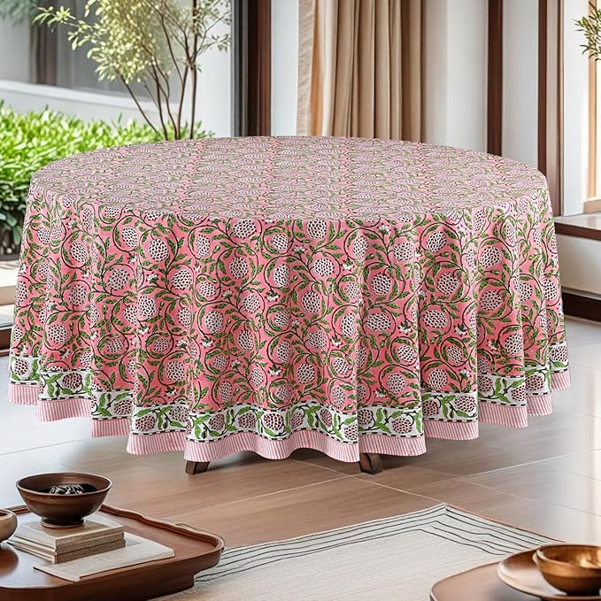 Ridhi Round Tablecloth Hand Block Print 100% Cotton Reusable Strawberry Pink 132 Inch Table Cover Decorative Everyday Use for Dining, Home, Farmhouse Gift for Spring, Mother's Day