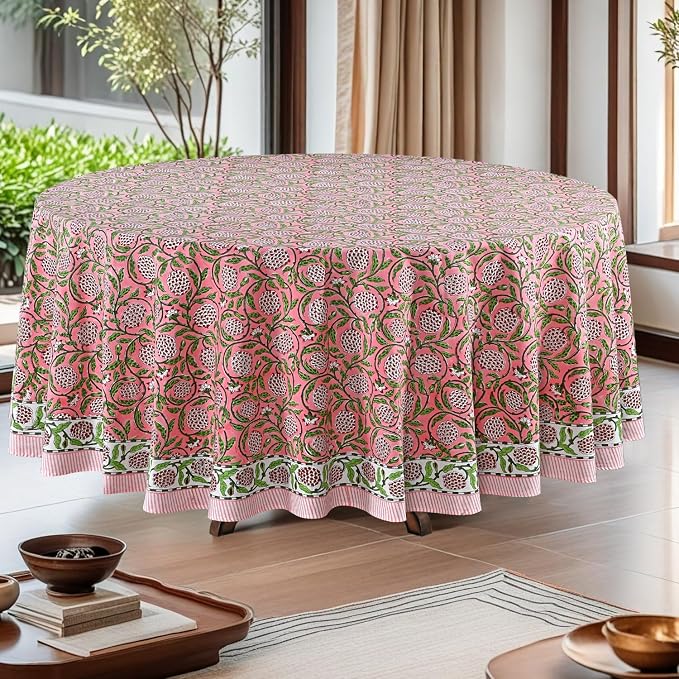 Ridhi Round Tablecloth Hand Block Print 100% Cotton Reusable Strawberry Pink 120 Inch Table Cover Decorative Everyday Use for Dining, Home, Farmhouse Gift for Spring, Mother's Day